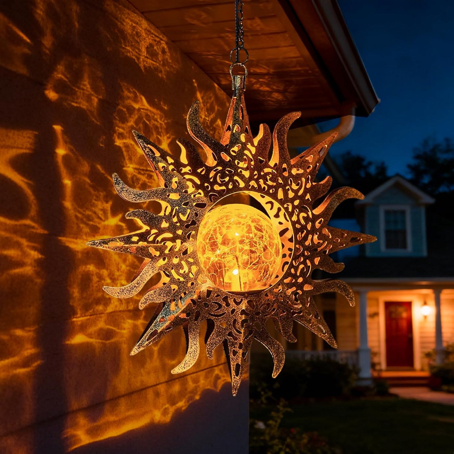 Solar Sun Lanterns Outdoor Waterproof Hanging Solar Lights Garden Decor | 7.9In Metal,Crackle Glass,8-10H Runtime,Warm Glow,Easy Hang,Yard Patio Wall Decor,Individual Vintage Boho Art,Gifts for Mom