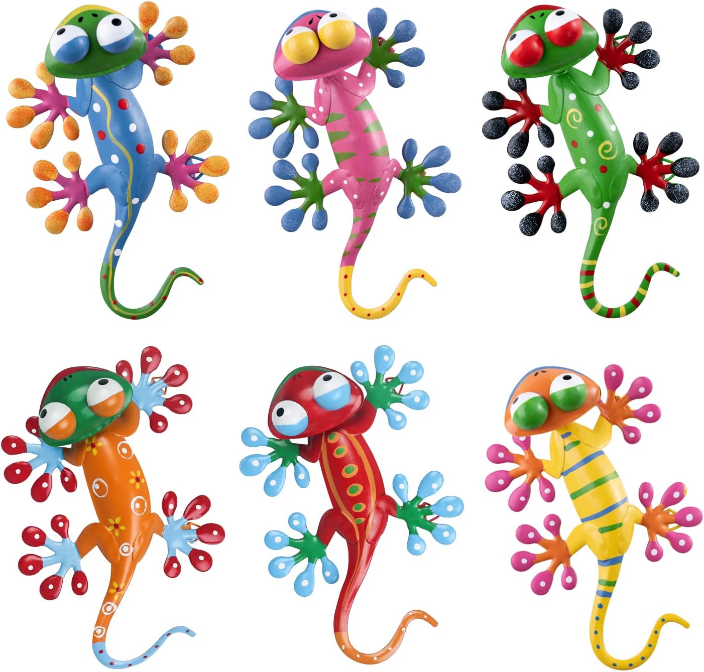 YEAHOME 6 Pack Metal Geckos Inspirational Wall Art, Mexican Outdoor Wall Decor with Shaking Head, Lizard Wall Sculptures & Statues for Farmhouse, Porch, Patio, Lawn, Fence