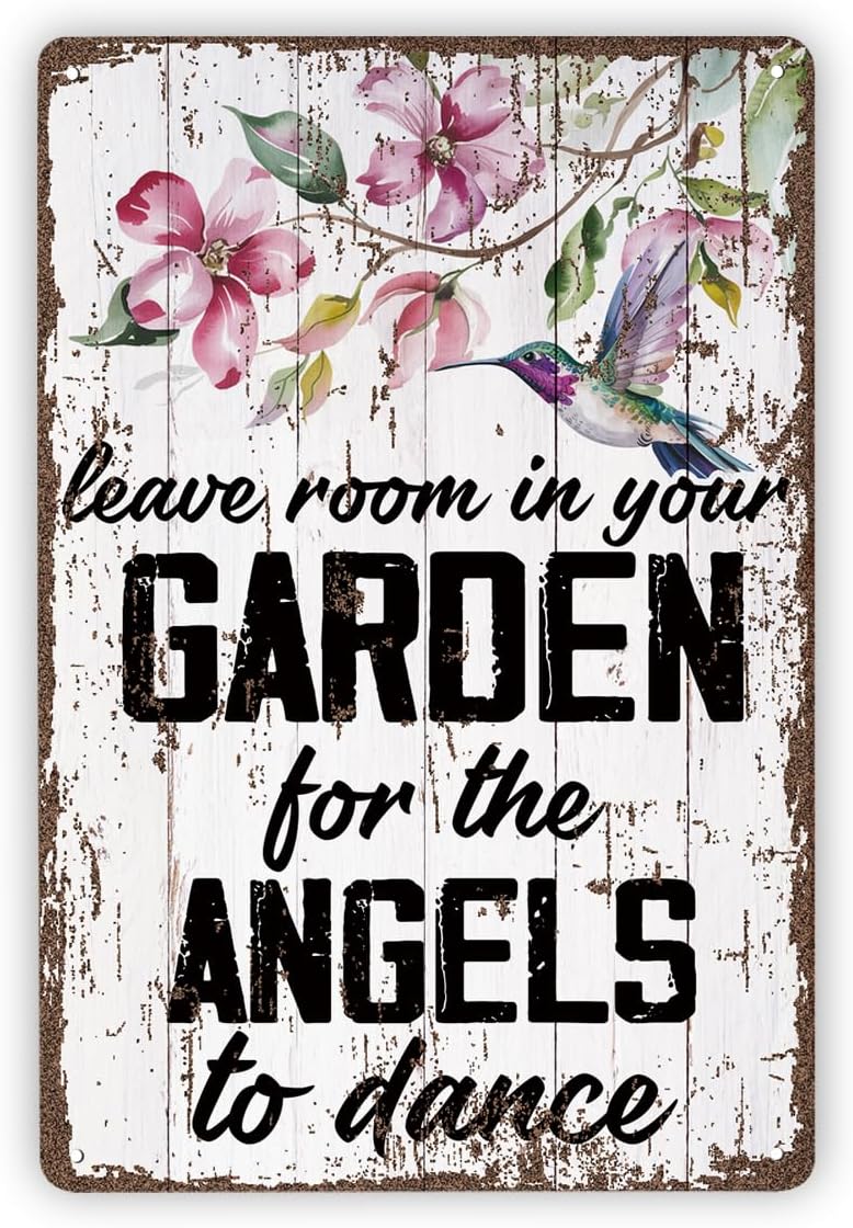 Metal Garden Sign, Leave Room in Your Garden for the Angels to Dance Sign, Decorative Wooden Wall Plaque, Cottage Yard Balcony Decor, Outdoor Vintage Metal Tin Signs 11.8 * 7.9inches