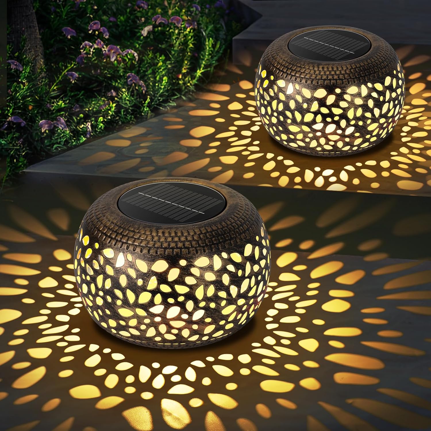 Solar Lanterns Waterproof Outdoor Decor: 2 Pack Hollow Out Solar Lights