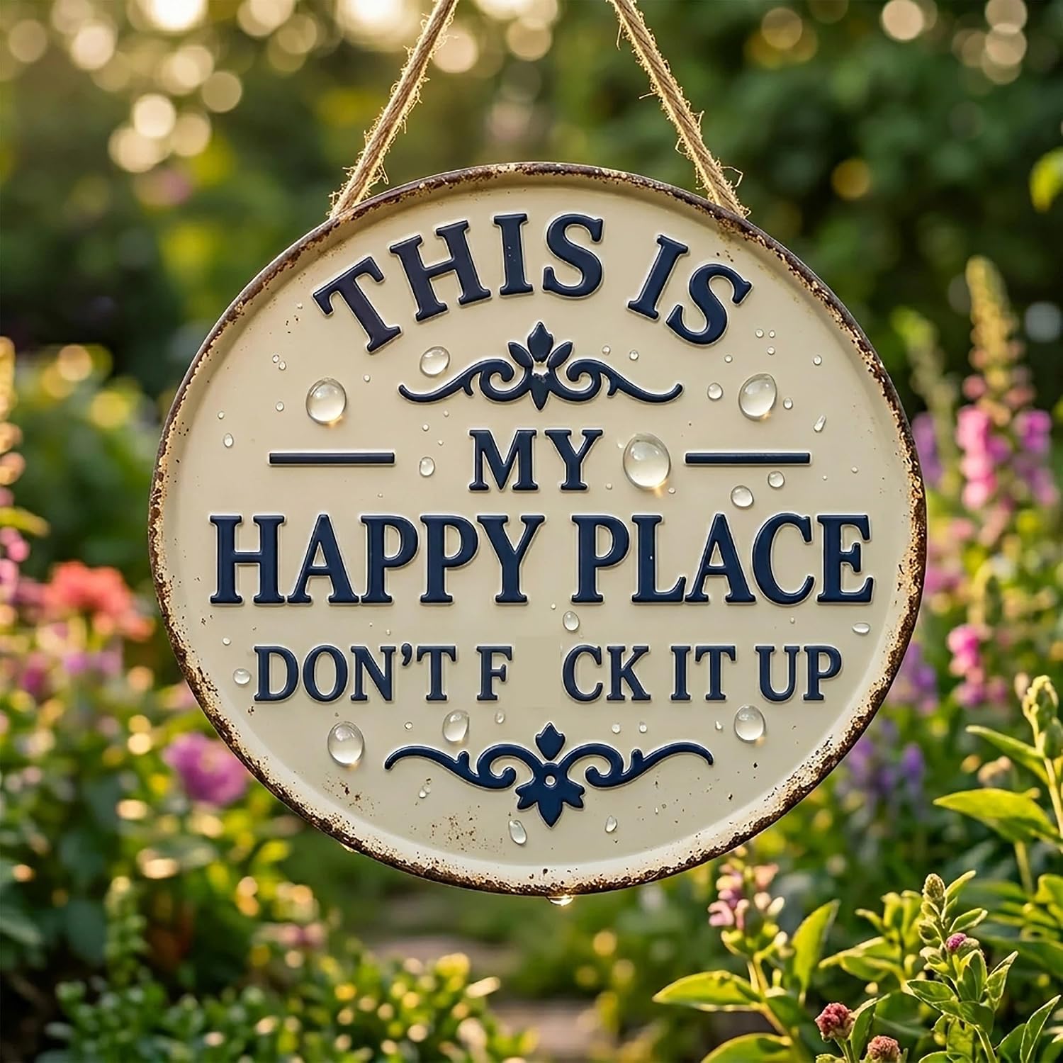 Funny Garden Metal Sign – “This Is My Happy Place Don’t F*ck It Up” 12″ Round Iron Tin Plaque, Rust-Proof Outdoor Wall Decor, Humorous Vintage Yard Art, Housewarming Gift for Patio & Bar (6 * 6in)