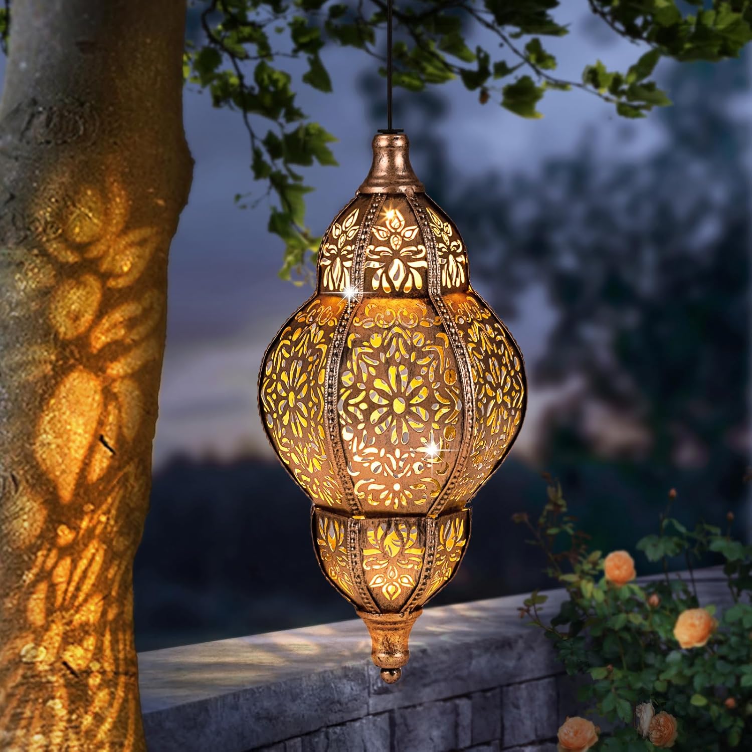 Hanging Solar Lantern Outdoor Decor, Moroccan Solar Lights for Outside Garden Decorations, Waterproof Solar Lanterns Garden Gifts for Mom, Women, Patio, Yard Ornament (Coppers)
