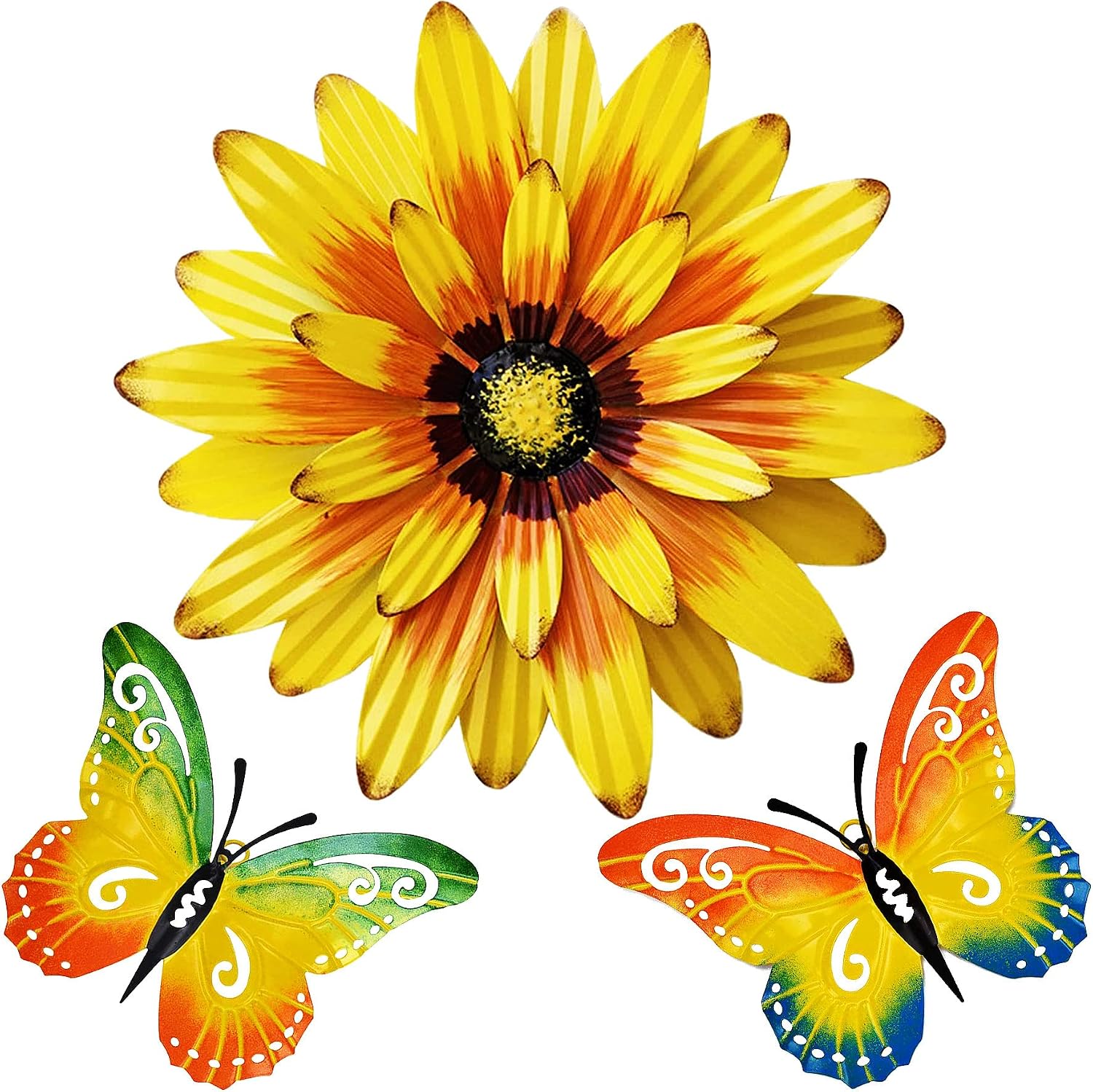 Meduofon Metal Flowers Wall Decor and Butterfly Wall Art, 3 Pack Metal Outdoor Wall Art Decor, Fence Art Wall Sculptures for Indoor Outside Garden Patio Decorations (Yellow&Green)