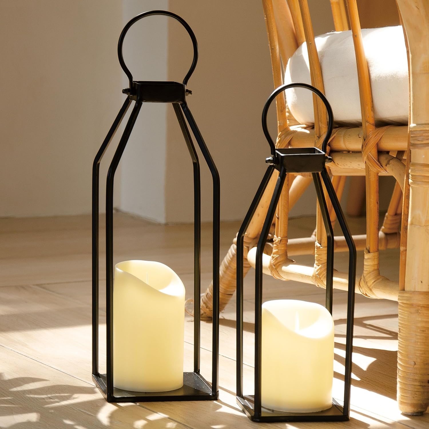 Perfnique Modern Farmhouse Lantern Decor, 15” 13” Set of 2 Black Metal Lantern, 2 LED 6hr Timer Flameless Candles ＆ Remote Timer, Lanterns Decorative for Outdoor, Home, Indoor, Patio, Christmas