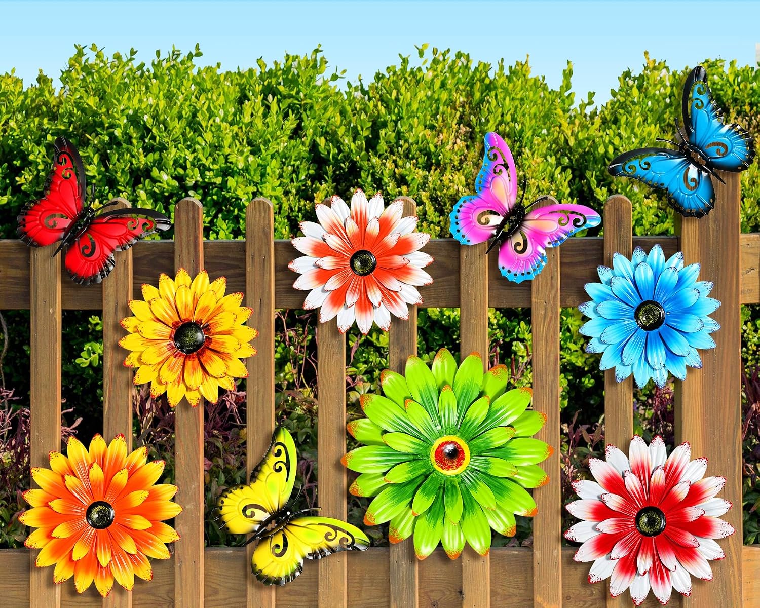 Gisafai 10 Pack Metal Flower Wall Decor Outdoor, 3D Daisy and Butterfly Metal Garden Wall Art, Colorful Fence Decorations for Patio Backyard Balcony Porch, Summer Housewarming Gift(Vintage)
