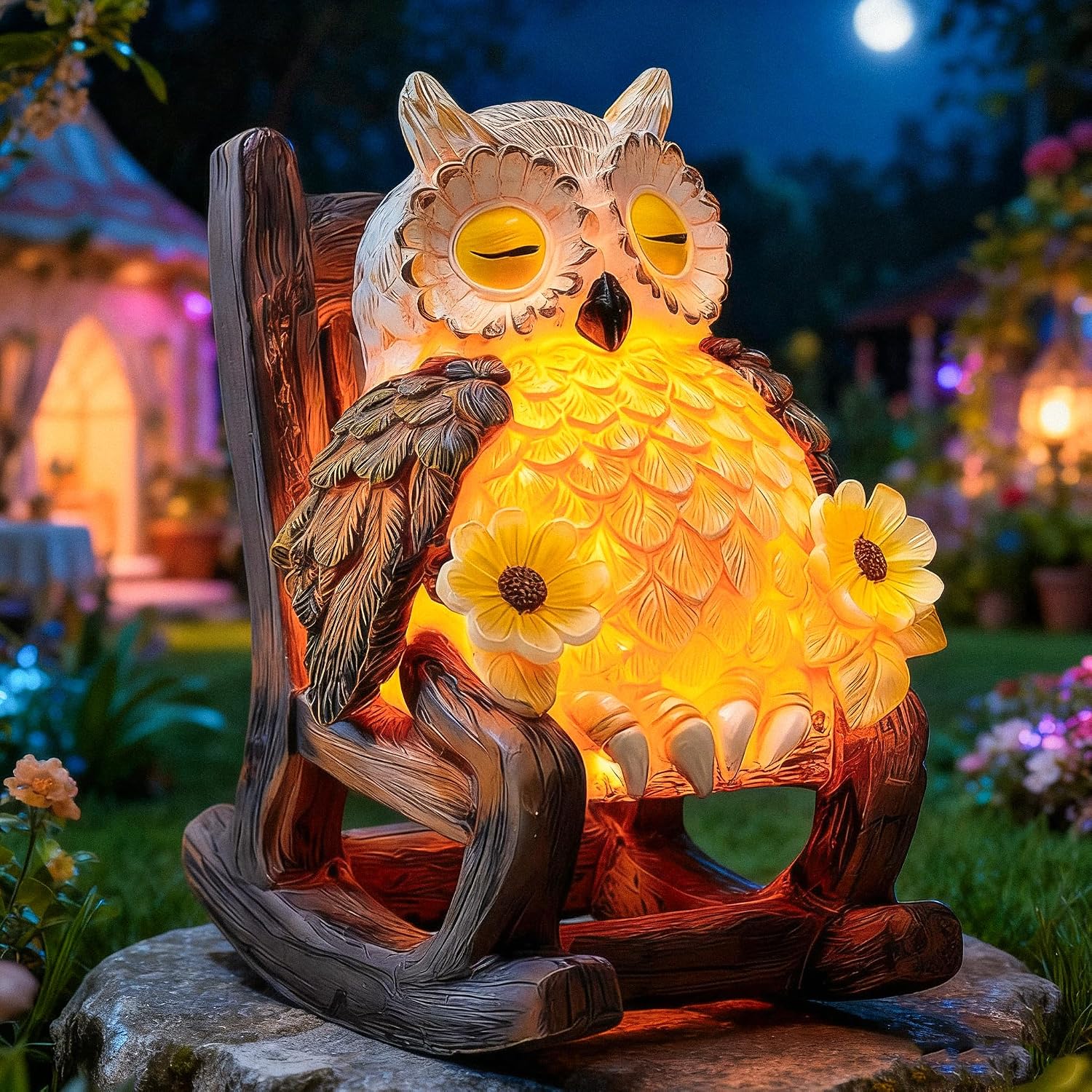 LIULO TOOL Garden Gift for Mom Grandma, LED Solar Owl on Chair Patio Sculpture, Cute Outdoor Fairy Garden Housewarming Decor Figurine 6×4.5×3.3 in