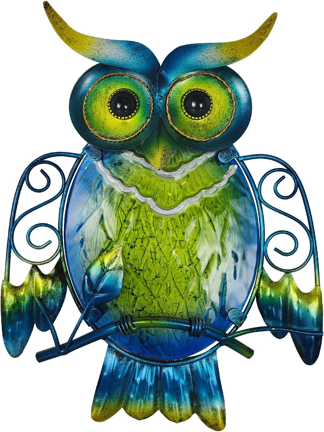LIFFY Cute Metal Owl Wall Decor – Unique Outdoor Wall Art Decoration – Glass Hanging Wall Owl Decor Brighten Up Patio, Porch or Door, Garden Decoration, Birthday Gift Ideas
