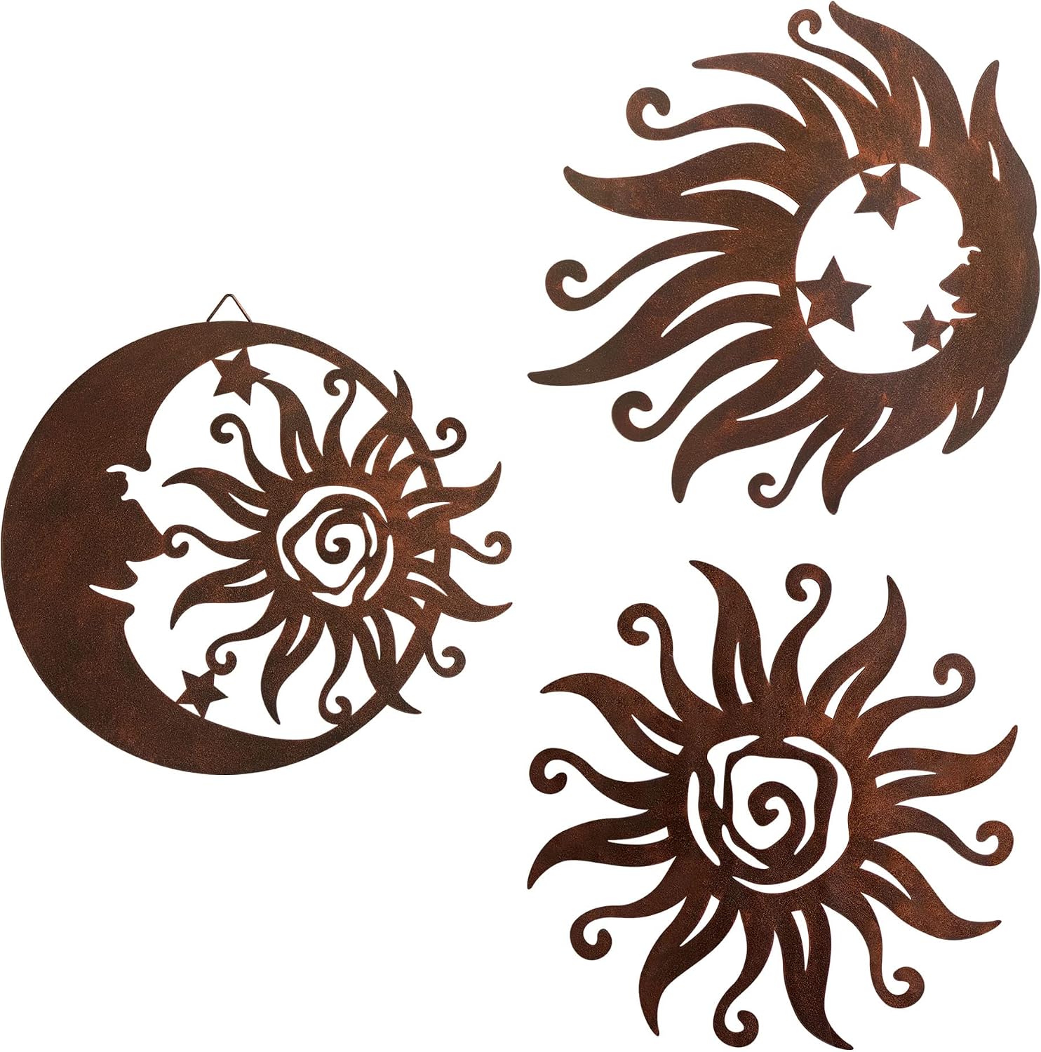 VividLadybug Set of 3 Rust Colored Sun Moon Metal Wall Art, Rust Proof Indoor Outdoor Farmhouse Patio Bedroom Decor